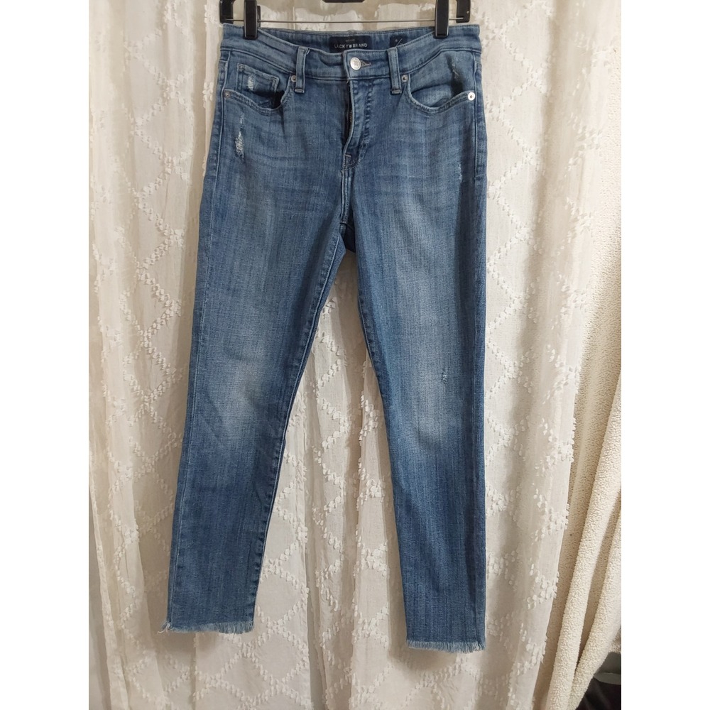Lucky Brand Mid Rise Skinny Jeans Medium Wash Distressed Raw Hem Size‎ 6 28